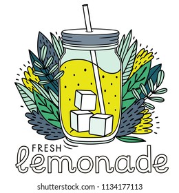 Healthy food. Hand drawn vector element of smoothies, lemonade, fresh, juice, detox in doodle style.