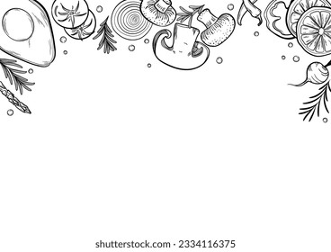 Healthy food hand drawn vector illustration. Drawing in white isolated background. Layout on top.