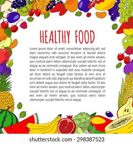 Healthy food hand drawn vector elements. Fruits and berries. Vitamins. Colorful background.  Frame.