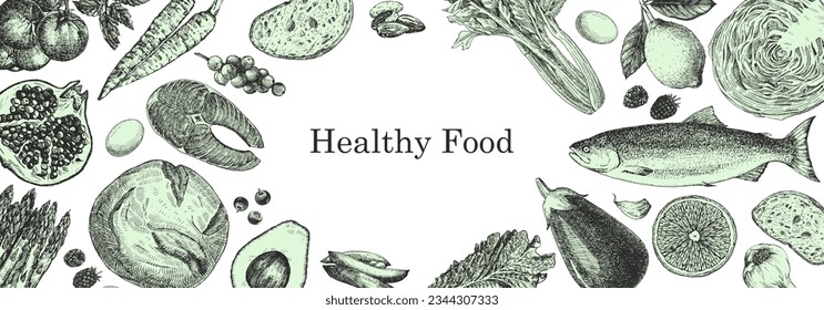 Healthy Food. Hand-drawn illustration of Food. Ink. Vector