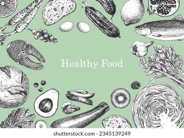 Healthy Food. Hand-drawn illustration of Food. Ink. Vector