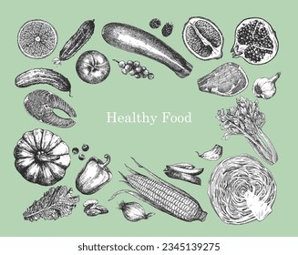 Healthy Food. Hand-drawn illustration of Food. Ink. Vector