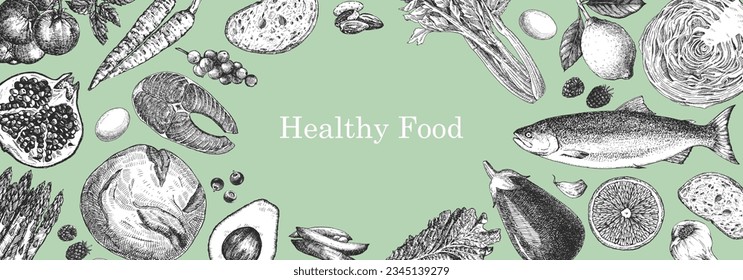 Comida saludable. Ilustración hecha a mano de Alimentos. Tinta. Vector