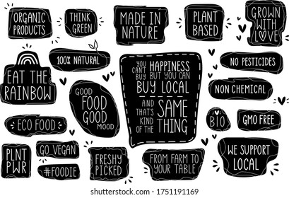 Healthy food hand-drawn lettering black sticker set - vegan, eco, bio, healthy products, fresh and tasty veggies, farmers market. Ironic quotes.