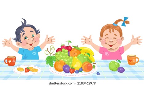 Healthy food. Happy little children are sitting at the table with a big plate of fruits. In cartoon style. Isolated on white background. Vector flat illustration.
