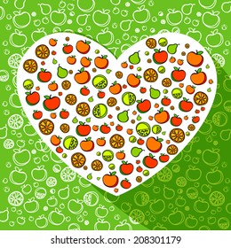 Healthy food - the heart of fruits and vegetables on green pattern background. Vector. 