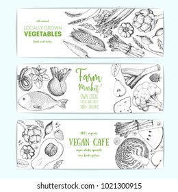 Healthy food horizontal banner set. Organic food collection, vector illustration. Engraved style. Farm market design template.