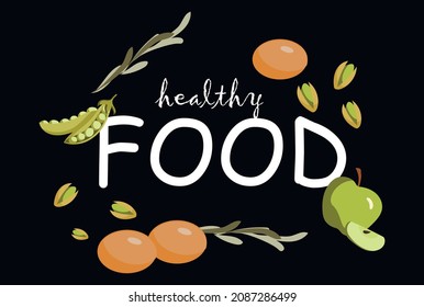 Healthy food for humans concept. Stylish dark poster with eggs, peas, pistachios and apple. Vegetables and foods with omega acids, vitamins and minerals. Healthy diet. Cartoon flat vector illustration