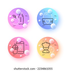 Healthy food, Ice cream and Food app minimal line icons. 3d spheres or balls buttons. Chef icons. For web, application, printing. Drink bottle, Sundae cup, Meal order. Vector