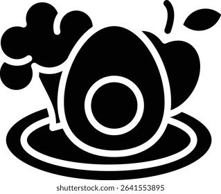 Healthy food icon of balanced nutrition combining egg, broccoli and apple on a plate conveys a message about the importance of a nutritious diet and healthy living.