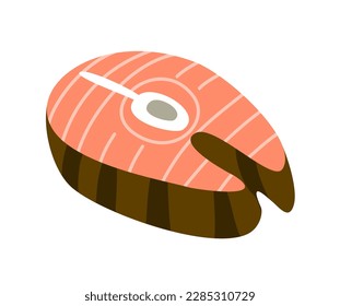 Healthy food icon. Colorful sticker with fresh salmon steak. Tasty fish or seafood protein source. Healthy lifestyle and diet. Cartoon flat vector illustration isolated on white background