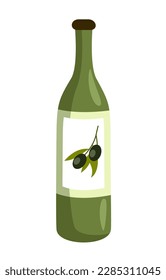 Das Symbol für gesundes Essen. Farbiger Aufkleber mit Flasche Bio-Pflanzenöl. Olivenöl. Naturprodukt der italienischen Küche. Gesunde Ernährung. Cartoon-FlachVektorgrafik einzeln auf weißem Hintergrund