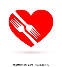 Healthy food icon in flat design. Vector illustration. Two forks in the shape of the red heart, isolated
