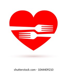 Healthy food icon in flat design. Vector illustration. Two forks in the shape of the red heart, isolated