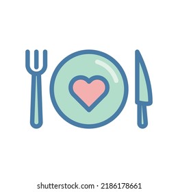 Healthy food icon with fork, plat, knife and heart in colorful filled line style