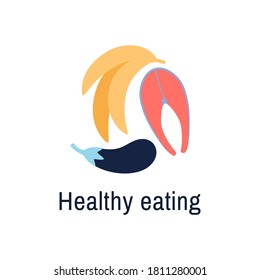 Healthy food icon isolated on white background. Natural organic diet concept. Fresh banana eggplant salmon fish steak. Healthy eating logo or sign design. Health foods symbol. Flat vector illustration