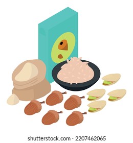 Healthy food icon isometric vector. Flour bag, cup of rice and package porridge. Food product concept
