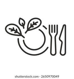 Healthy food icon. Linear vector illustration. Fork with knife and leaves. Vegan salad. Meal diet. Simple symbols. Nutrition for vegetarian restaurant. Organic fresh eat.