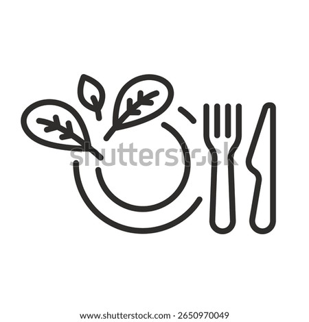 Healthy food icon. Linear vector illustration. Fork with knife and leaves. Vegan salad. Meal diet. Simple symbols. Nutrition for vegetarian restaurant. Organic fresh eat.