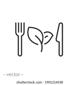 Healthy Food Icon, Organic Fresh Eat, Fork With Knife And Leaf, Vegan Salad, Nutrition For Vegetarian Restaurant, Meal Diet, Thin Line Symbol On White Background - Editable Stroke Vector Illustration 