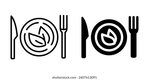 Healthy food icon with plate and leaf. Silhouette and line style.