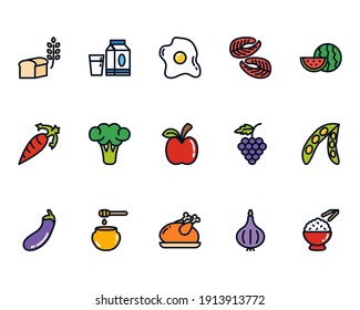 Healthy Food Icon Set with Bread, Milk, Sunny Side Up Egg, Meat, Fruits, Honey, Chicken Icon