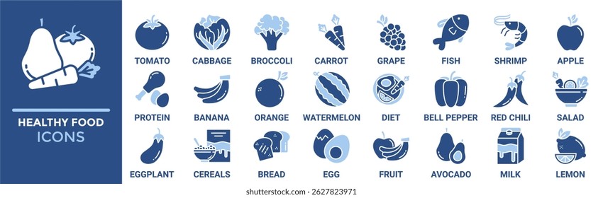 Conjunto de ícones de alimentos saudáveis. Contendo tomate, repolho, brócolis, cenoura, uva, peixe, camarão e muito mais. Coleção de ícones de vetor sólido