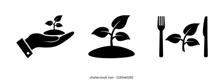 Healthy food icon set in flat style. Vegan salad isolated on white. Fork with knife and leaf in black. Simple nutrition for vegetarian restaurant. Organic fresh eat. Vector illustration for web site d