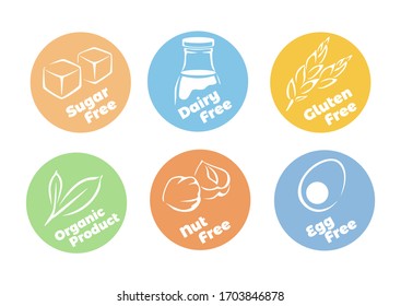 Healthy food icon set. Gluten free, dairy free, organic product. Egg, sugar and nut free. Vector simple flat illustration. Organic dietary eating. Circle sticker, label.