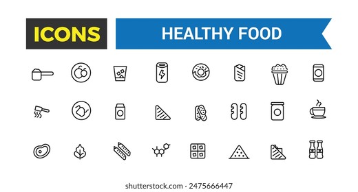 Healthy Food Icon Set. Halal Food icon collection. Outline icons pack. 