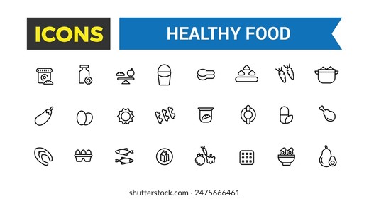 Healthy Food Icon Set. Halal Food icon collection. Outline icons pack. 