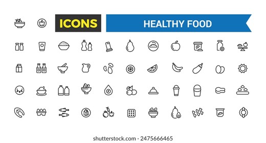 Healthy Food Icon Set. Halal Food icon collection. Outline icons pack. 