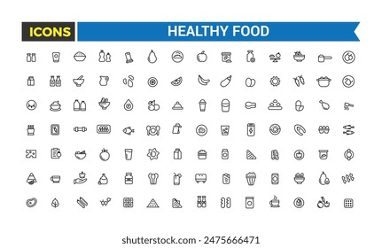 Healthy Food Icon Set. Halal Food icon collection. Outline icons pack. 