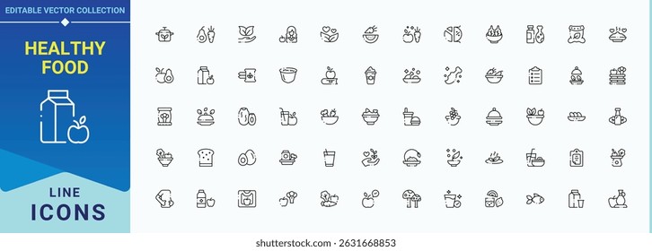 Healthy Food icon set. Health icon set. Minimal thin line web icons set. Containing diet, eat, food, organic, health, vegetable and more. Editable stroke. Pixel Perfect.