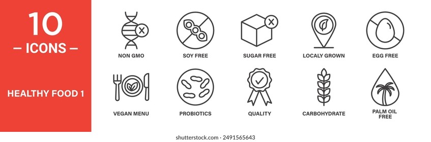 Healthy food icon set. Non gmo, soy free, sugar free, localy grown, egg free, vegan menu, icons. Outlined icon collection. Vector illustration.