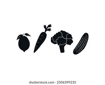 Healthy Food Icon Set. Silhouettes of Broccoli, Carrot, Cucumber, and Lemon. Organic, Vitamin-Rich Vegetables Vector Art. Fresh Produce Outline. Healthy Veggie Symbols. Monochrome Food Iconography.
