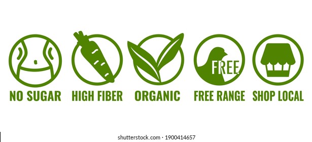 Healthy food icon set vector illustration on white background. No Sugar, High Fiber, Organic Food, Free Range Chicken Egg, Shop Local Food handdrawn icons. Healthy food label collection