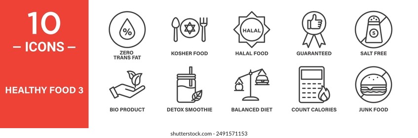 Healthy food icon set. Zero trans fat, kosher food, halal food, guaranteed, salt free, icons. Outlined icon collection. Vector illustration.