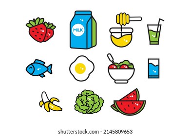 Healthy food icon shape set collection. Milk, honey, juice, mineral water, fish, egg, salad, spinach, watermelon, strawberry, and banana. Premium collection vector set