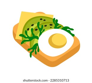 Healthy food icon. Sticker of scrambled egg, avocado and cheese sandwich on hot bread toast. Delicious breakfast. Healthy lifestyle, diet. Cartoon flat vector illustration isolated on white background svg
