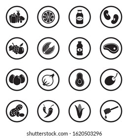 Healthy Food Icons. Black Flat Design In Circle. Vector Illustration.