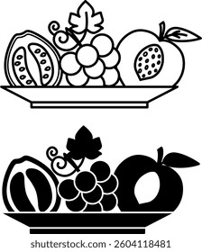 Healthy Food Icons. Black and White Vector Illustration. Fruits on the Plate. Guava, Grape, and Peach. Healthy Lifestyle. Nutrition Concept