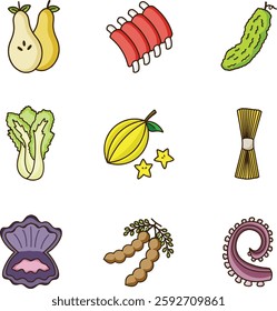 healthy food icons consist of beef ribs, bitter melon, white cabbage, star fruit, pasta, clams, tamarind, octopus with line art style