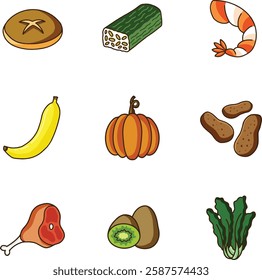healthy food icons consist of bread, tempeh, shrimp, banana, pumpkin, potato, thigh meat and mustard greens