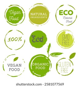 Healthy food icons, labels. Eco tags set. Organic icons. Natural product elements. Logo for vegetarian restaurant menu. Raster illustration. Low fat stamp. Eco product. Vector illustration