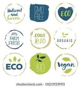 Healthy food icons, labels. Organic tags. Natural product elements. Logo for vegetarian restaurant menu. Raster illustration. Low fat stamp. Eco product.