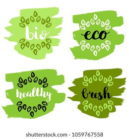 Healthy food icons, labels. Organic tags. Natural product elements. Logo for vegetarian restaurant menu. Raster illustration. Low fat stamp. Eco product.