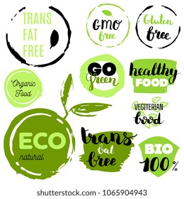 Healthy food icons, labels. Organic tags. Natural product elements. Logo for vegetarian restaurant menu. Raster illustration. Low fat stamp. Eco product.