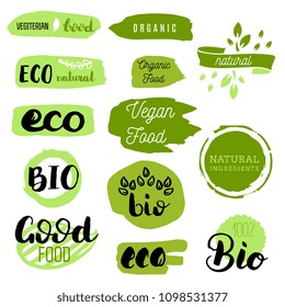 Healthy food icons, labels. Organic tags. Natural product elements. Logo for vegetarian restaurant menu. Raster illustration. Low fat stamp. Eco product.