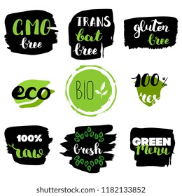 Healthy food icons, labels. Organic tags. Natural product elements. Logo for vegetarian restaurant menu. Raster illustration. Low fat stamp. Eco product.